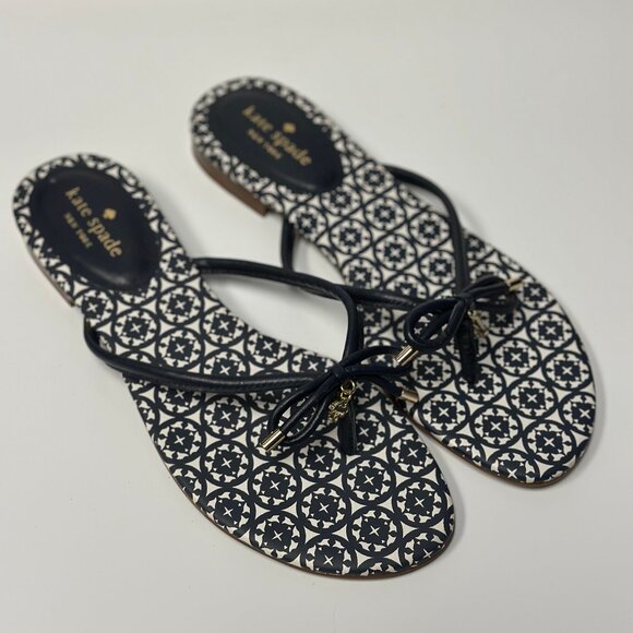 Kate Spade Women's Mistic Navy Bow Leather Thong Sandals Size 10M - Picture 1 of 9